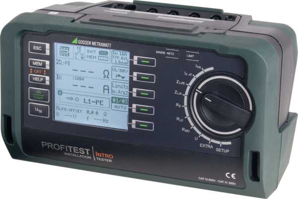 Measuring and test instrument for testing the effectiveness of protective measures at stationary electrical installations after completion, repair or expansion, and for periodic testing (DGUV regulation 3)