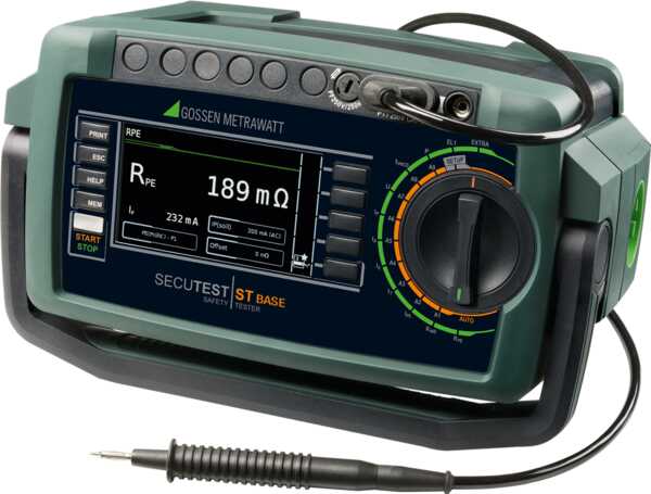 Test instrument with standards-compliant test sequences for testing the electrical safety of devices after repair and for periodic testing including IZYTRONIQ data processing software 