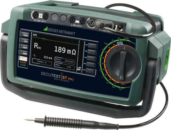 Test instrument with standards-compliant test sequences for testing the electrical safety of devices after repair and for periodic testing including IZYTRONIQ data processing software