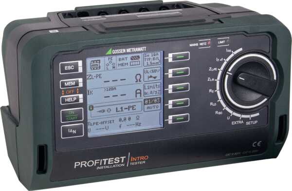 Measuring and test instrument for testing the effectiveness of protective measures at stationary electrical installations after completion, repair or expansion, and for periodic testing (DGUV regulation 3)